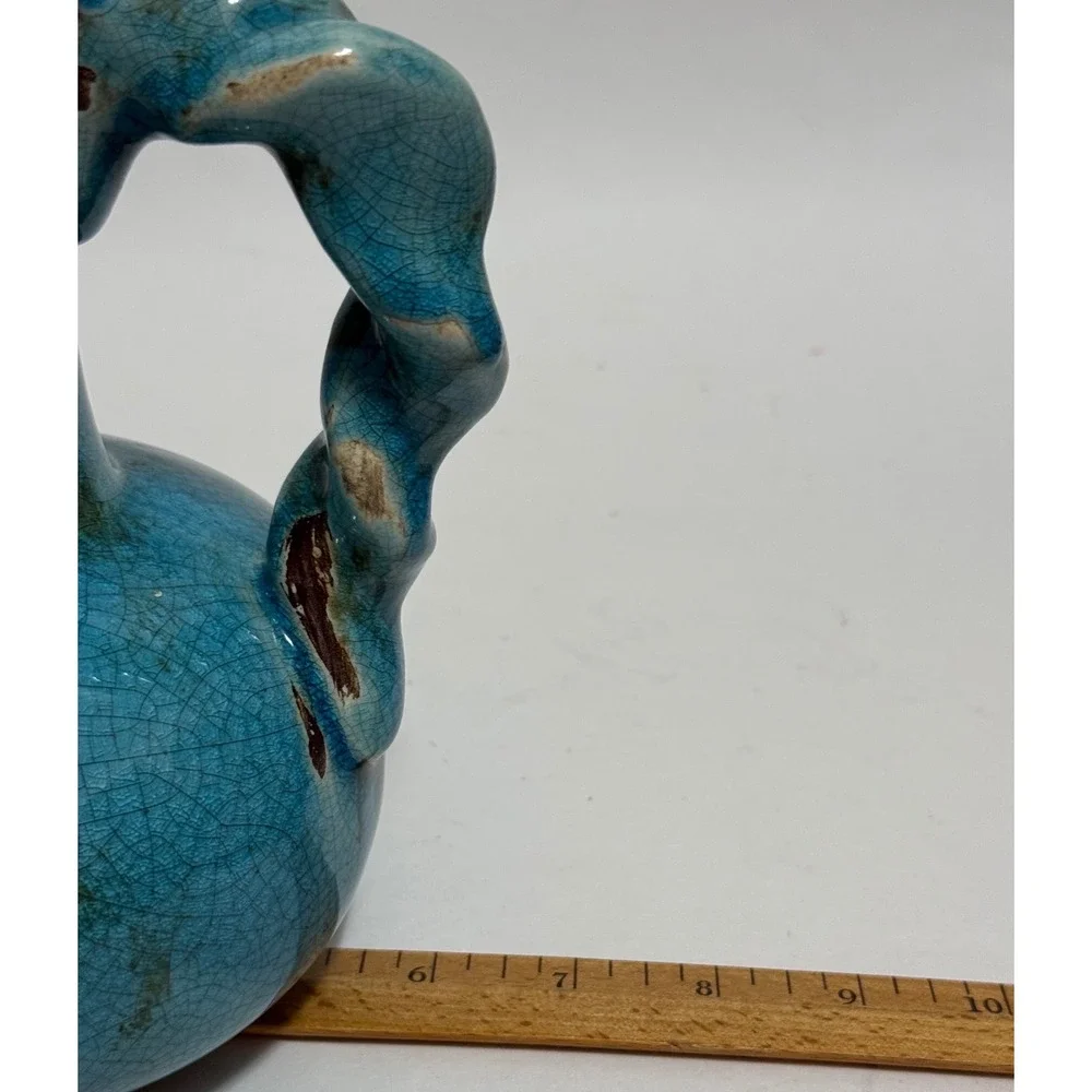 Turquoise Crackle Glaze Amphora Vase Twisted Handles Mediterranean Decor 7